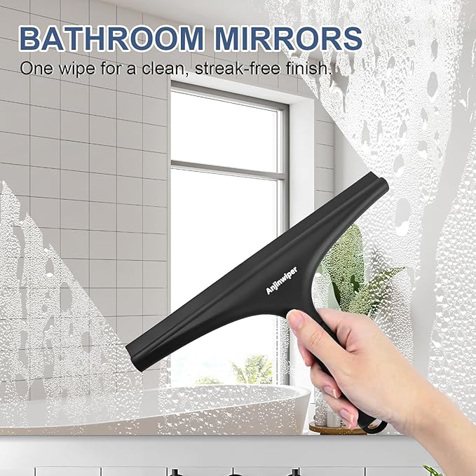 All-Purpose Shower Squeegee for Glass Doors with Hook, Silicone Squeegee for Shower Glass, Shower Doors, Windows, Bathroom, Mirrors and Tiles（10 inch, Black）