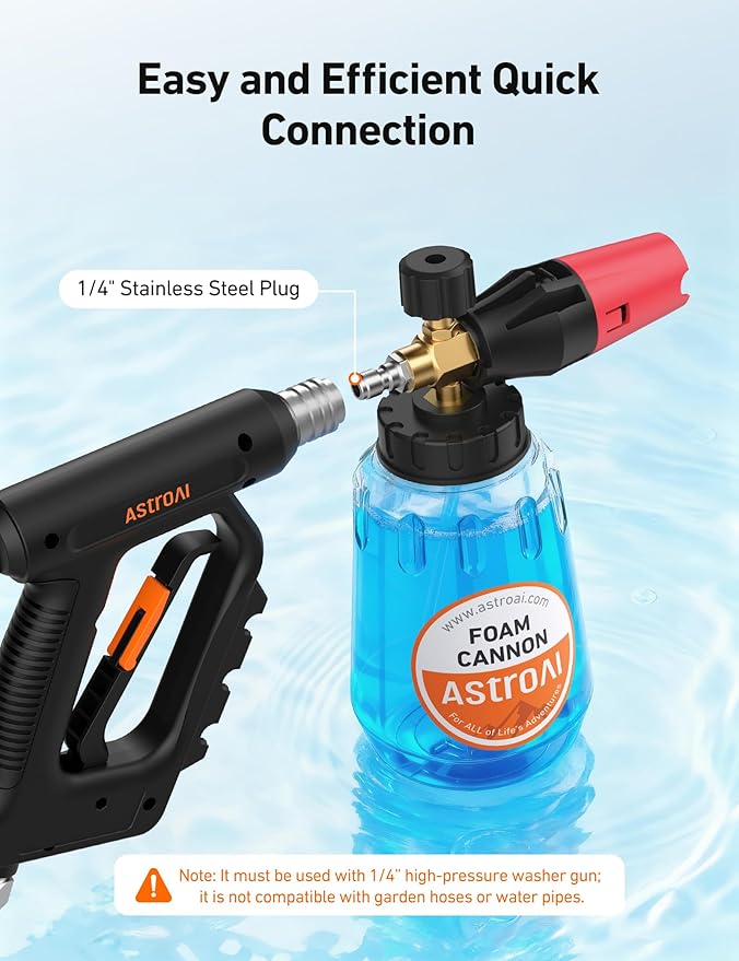 AstoAI Foam Cannon for Pressure Washer, Snow Clear Foam Cannon, Wide Neck Foam Blaster Adjustable Nozzle for Car Wash Accessories, with 1/4 Inch Quick Connector, 1 L Clear Bottle