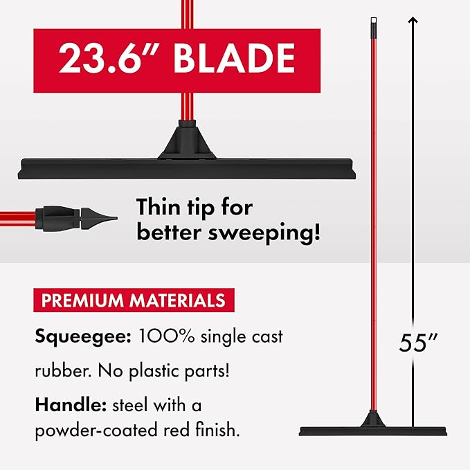Heavy-Duty Floor Squeegee - Large 24" Wide Blade & 55" 1PC Long Handle Professional Grade Concrete, Garage & Commercial Rubber Squeegee Broom Floor Cleaner - Wood, Tile, Shower, Glass, Deck, Window