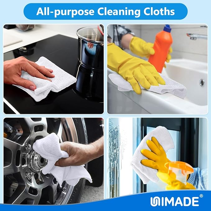 Shop Towel Rags, 50 Pack Reusable Shop Rags Bulk Microfiber Cleaning Cloth Lint Free Cleaning Towels for Car Kitchen Automotive Bar Mechanic Restaurant Garage, 11.5"x 11.5", White