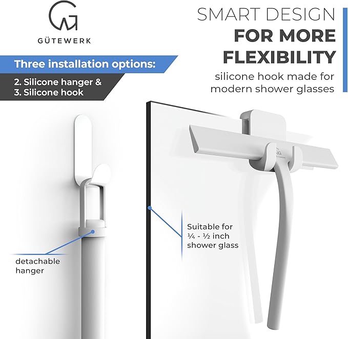 GÜTEWERK Shower Squeegee for Glass Doors, Silicone Window Squeegee, Bathroom and Glass Cleaning - White - 15 Inch