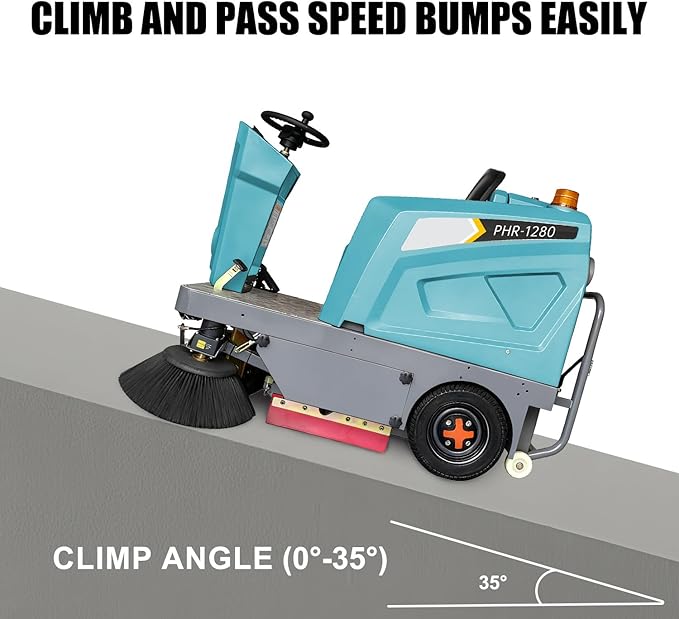 Ride on Floor Sweeper Machine 50.4" Clean Width 800W Brushless Motor Lithium Battery Powered 92600Sqft/h Efficiency, for Garages Warehouses Roads Schools Hospitals Malls,Blue