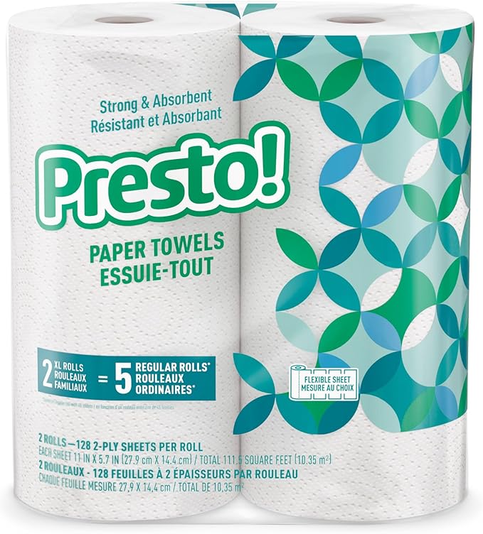 Amazon Brand - Presto! Ultra-Strong Premium Paper Towels - Flex-a-Size, 128 Sheet Family Roll, 16 Rolls (8 Packs of 2)