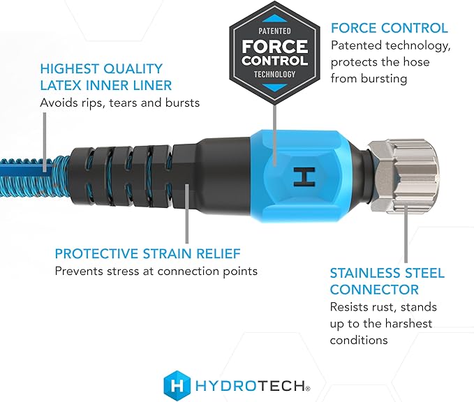 HydroTech 25 ft Expandable Garden Hose - Pro Series, 2x Max Flow, 3/4" No-Kink Flexibility, Lightweight Hose for Lawn, Garden, Car Washing, Deck and Patio Cleaning