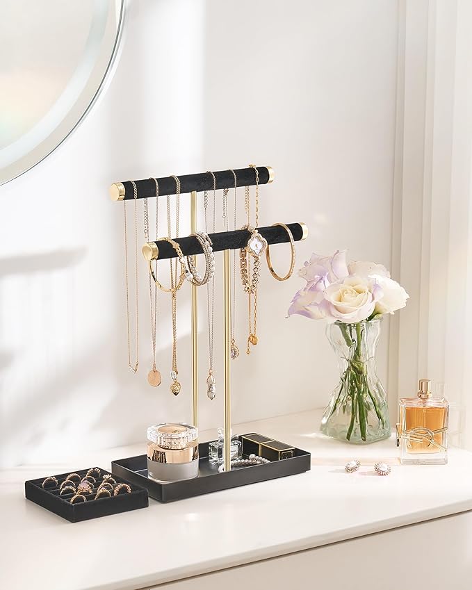 Lolalet 2-Tier Necklace Holder Display, Velvet Wrapped Bracelet Stand with Removable Ring Tray, Tall Jewelry Organizer for Bangles Watches Earrings, Galentines Valentines Gifts for Girls Women -Black