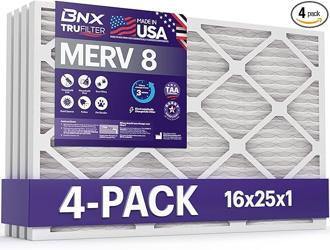 BNX TruFilter 16x25x1 Air Filter MERV 8 (4 Pack) - MADE IN USA – Dust & Pet Defense Electrostatic Pleated Air Conditioner HVAC AC Furnace Filters for Dust, Pet, Mold, Pollen MPR 600 – 700 & FPR 5