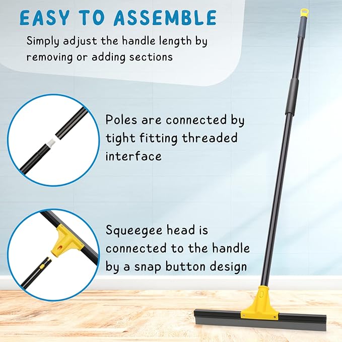 Squeegee Broom for Floor, 18'' Heavy Duty Rubber Wiper with 60'' Long Handle for Bathroom Tile, Garage Concrete, Deck, Shower Glass, Window Cleaning