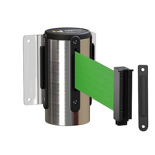 Montour Line WM115 Wall Mounted Retractable Belt Barrier with Standard Belt End, Fixed Mount, Polished Stainless Steel Casing (8.5 ft Green Belt)