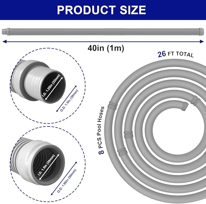 Poolvio Professional Swimming Pool Vacuum Cleaner Hose -1.5” 8 Piece Hoses for Pool Vacuum Extension/Replacement - Compatible with all Major Automatic Swimming Pool Cleaners