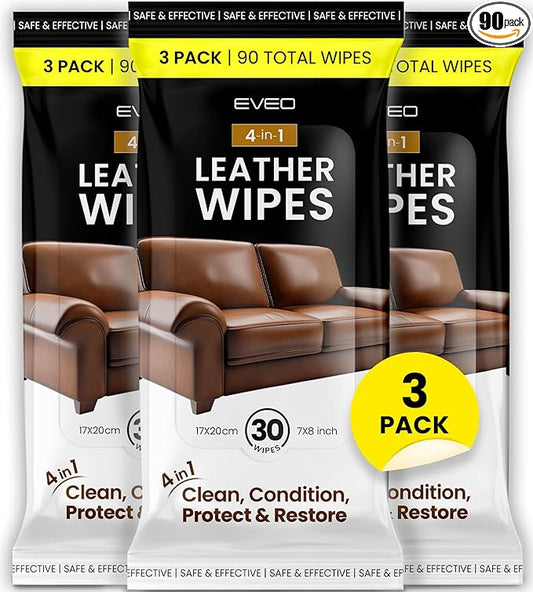 EVEO Leather Cleaner Wipes 4-in-1 Leather Cleaner and Conditioner for Furniture - Leather Couch Cleaner, Car, Shoes & Purses – UV Protection, XL Moistened Wipes Restore & Protect – 3 Pack (90 Total)