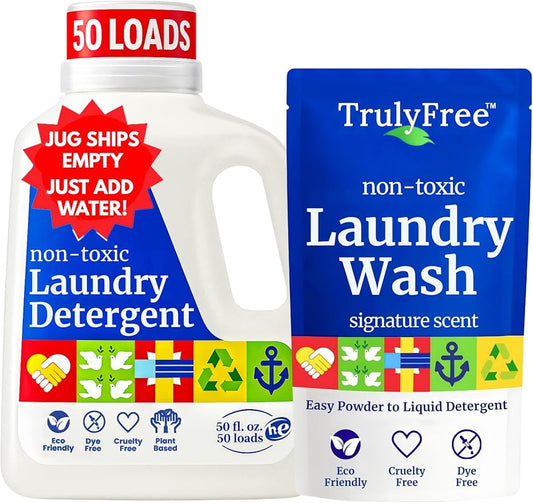 Truly Free Natural Laundry Detergent for Sensitive Skin | Eco Friendly, Plant Based, Baby Clothes Safe | Clean & Easy Powder to Liquid, 1 Pack Detergent + 1 Refillable Jug | Signature Scent, 50 Loads