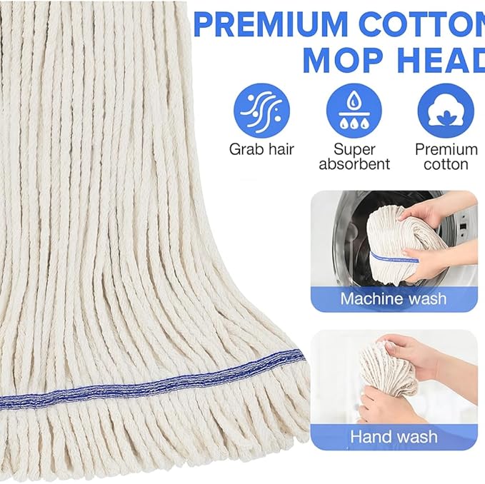 Heavy‑Duty Looped‑End String Wet Mop with Extra Mop Head – 59″ Stainless Steel Pole, Large 450 g Cotton Yarn Head for Commercial & Industrial Cleaning, with Extra Mop Head