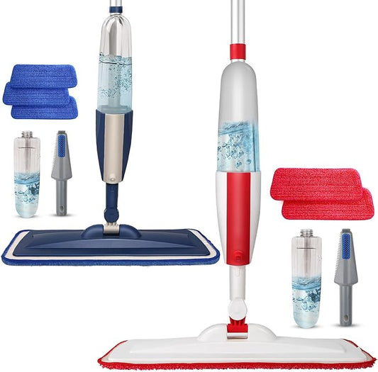 2 Pack Spray Mop for Floor Cleaning, Red & Blue Combo, Refillable 14 oz Bottle and 3 Washable Pads, Wet Dry Mop for Hardwood, Tile, Laminate, Home or Commercial Use