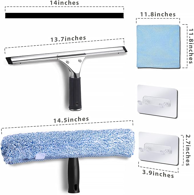 2Pack 14-Inch Multifunctional Rust Proof Window Cleaning Kit. Squeegee for Shower Glass Doors, Bathroom Doors, Mirrors and Windows
