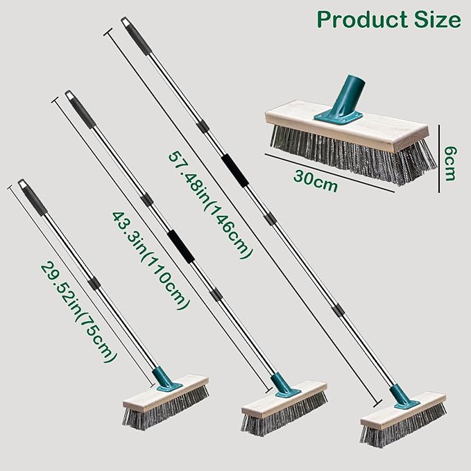 Stainless Steel Wire Brush with Long Handle Deck Broom Brush Floor Scrubber Brush for Cleaning Outdoor Broom for Moss, Tough Stains on Concrete, Grout, Garden, Garage, Patio, Swimming Pool