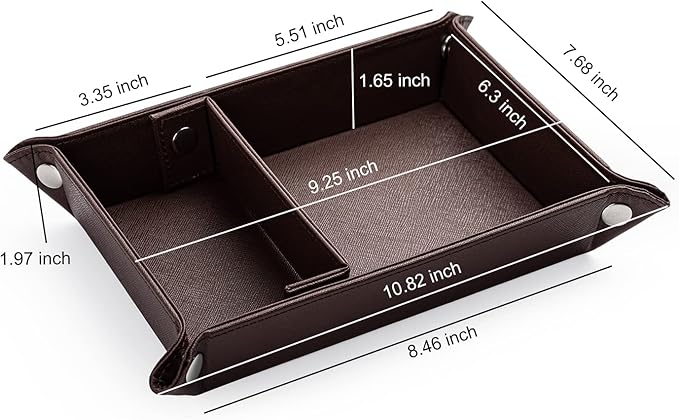 BONNY DODO Valet Tray for Men PU Leather Tray Organizer with Partition, Storage Keys, Watch & Practical Storage for Table Nightstand Living Room Bedroom (Dark Brown)