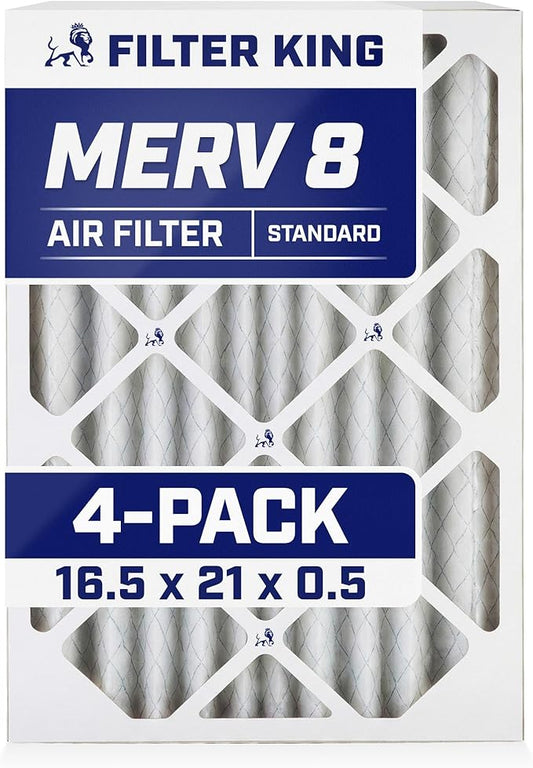 Filter King 16.5x21x0.5 Air Filter | 4-PACK | MERV 8 HVAC Pleated A/C Furnace Filters | MADE IN USA | Actual Size: 16.5 x 21 x 0.5"