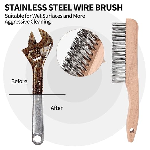 Wire Brush Set - 6 Pack Stainless Steel Scratch Brushes with Wood Handles, 10 Inch Heavy Duty Rust Removal Tools for Paint, Welding, Metal Cleaning