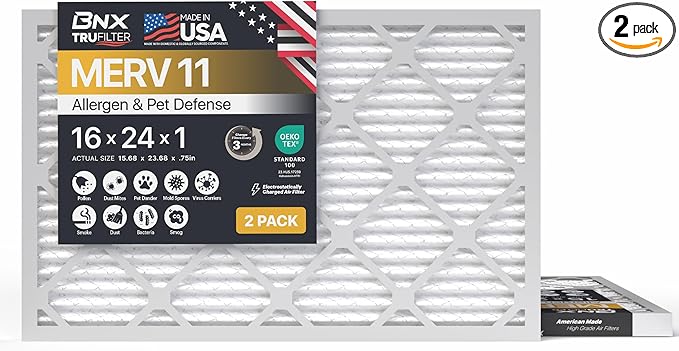BNX TruFilter 16x24x1 Air Filter MERV 11 (2-Pack) - MADE IN USA - Allergen Defense Electrostatic Pleated Air Conditioner HVAC AC Furnace Filters for Allergies, Dust, Pet, Smoke, Allergy MPR 1200 FPR 7