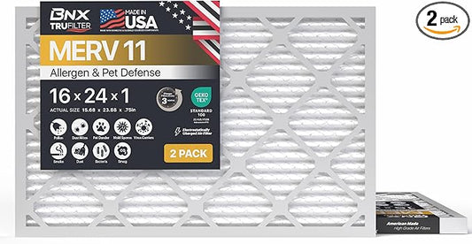 BNX TruFilter 16x24x1 Air Filter MERV 11 (2-Pack) - MADE IN USA - Allergen Defense Electrostatic Pleated Air Conditioner HVAC AC Furnace Filters for Allergies, Dust, Pet, Smoke, Allergy MPR 1200 FPR 7