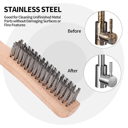Wire Brush Set - 6 Pack Stainless Steel Scratch Brushes with Wood Handles, 10 Inch Heavy Duty Rust Removal Tools for Paint, Welding, Metal Cleaning
