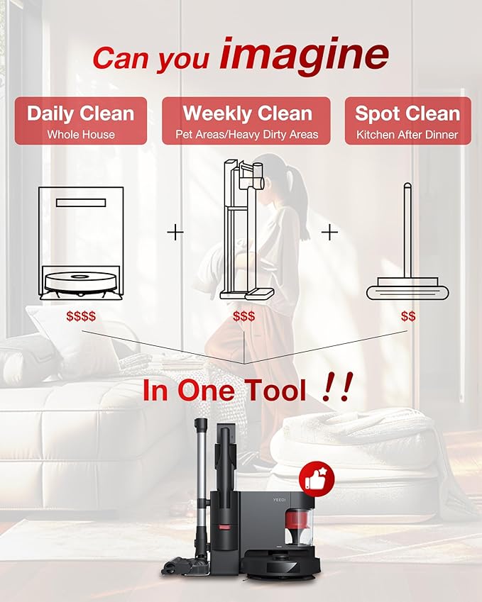 Yeedi C12 Combo Cordless Stick Vacuum & Robot & Mopping, All-in-one Cleaning Combot, with Dual Auto Self-Emptying, 10000Pa Suction & Lightweight, ZeroTangle Brush for Hard Floor, Carpet & Pet Hair