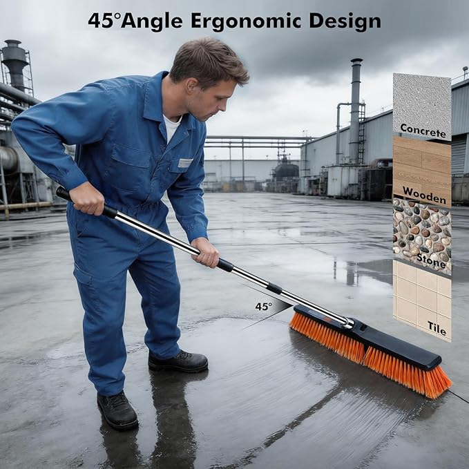 24" Push Broom, Heavy Duty Outdoor Commercial Broom for Cleaning with 55" Long Handle and Stiff Bristles, for Driveway Garage Yard Patio Warehouse Concrete Floor Cleaning,Orange