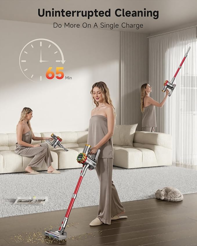 Cordless Vacuum Cleaner 580W 50Kpa Vacuum Cleaners for Home, 65 Mins Battery Stick Vacuum Anti-Tangle, Self-Standing, 8-in-1 Lightweight Vacuum for Hardwood Floor/Carpet/Pet Hair