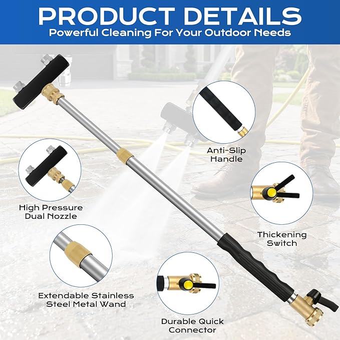 Jet Nozzle High Pressure Hose Nozzle, 2026 Upgraded Extendable Power Washer Wand with 2 Spray Jet Hose and 1 High Pressure Dual Nozzle Washer Tools for Garden Hose, Car Washing, Patio and Floor