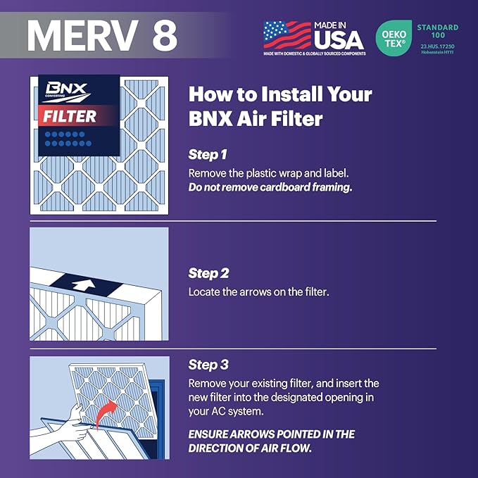 BNX TruFilter 14x14x1 Air Filter MERV 8 (6-Pack) - MADE IN USA – Dust & Pet Defense Pleated Air Conditioner HVAC AC Furnace Filters for Dust, Pet, Mold, Pollen MPR 600 – 700 & FPR 5
