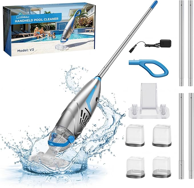 UIRWAY Cordless Pool Vacuum for Above Ground Pools, Upgraded 26.5 GPM Powerful Suction, IPX8 Handheld Rechargeable Pool Cleaner 2 Vacuum Heads & 4 Filter Bags, 1H Runtime, Portable for Inground Pools