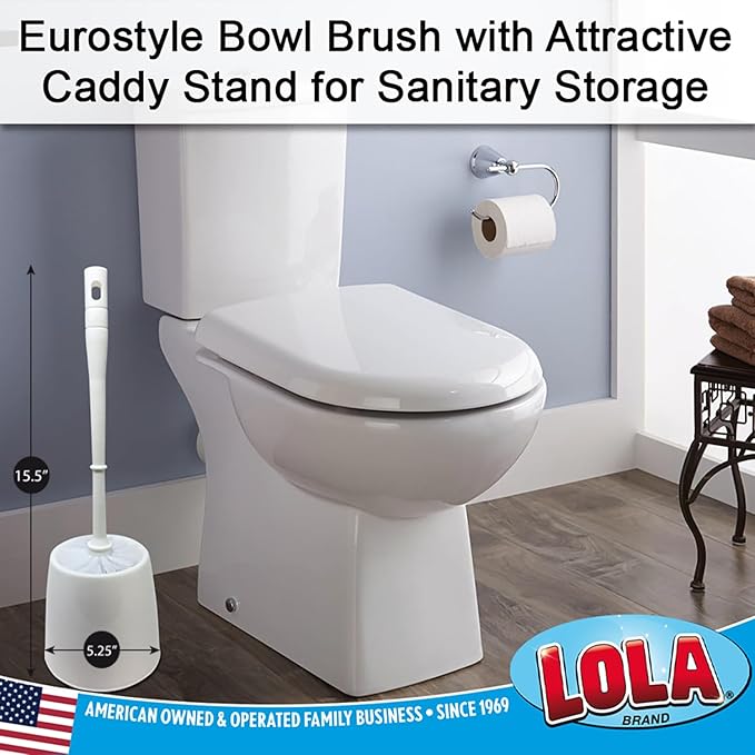 LOLA Toilet Brush and Holder Set, Classic Version, Durable Bristles for Deep Cleaning, w/Compact Space Saving Storage Holder, 1 Pack