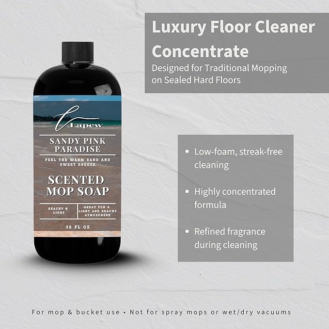 Luxury Floor Cleaner, Scented Mop Soap Concentrate | Hard Floor Cleaner for Tile, Vinyl, Laminate, LVP & Sealed Hardwood | Low-Foam, Streak-Free | 36 oz | Sandy Pink Paradise