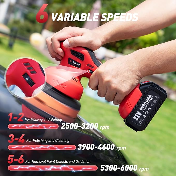 6 Inch Cordless Car Buffer Polisher: 2x4000mAh Batteries Car Buffer, Car Waxer Kit with 8 mm Orbit Block & 6 Speed Control (2500-6000 RPM) - for Car/Boat Detailing, Scratch Removal and Waxing
