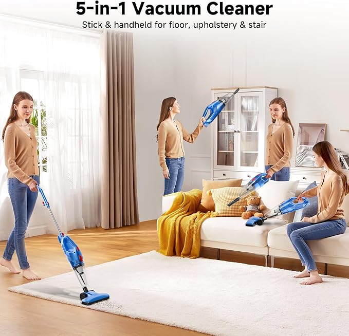 Corded Stick Vacuum Cleaner - Lightweight, Powerful Suction with 450W Motor, 3-in-1 16.4Ft Cord Vacuum Cleaners for Home, Hard Floor, Carpet, Pet Hair Deep Blue