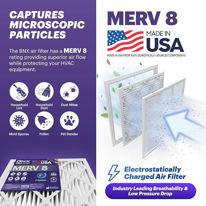 BNX 16x20x1 MERV 8 Air Filter 2 Pack - MADE IN USA - Electrostatic Pleated Air Conditioner HVAC AC Furnace Filters - Removes Dust, Mold, Pollen, Lint
