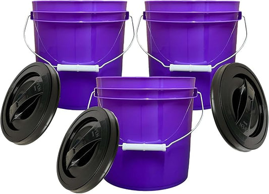 House Naturals 2 Gallon Purple Food Grade BPA Free Made in USA Bucket with Screw On Lid - Pack of 3 (Black lids)