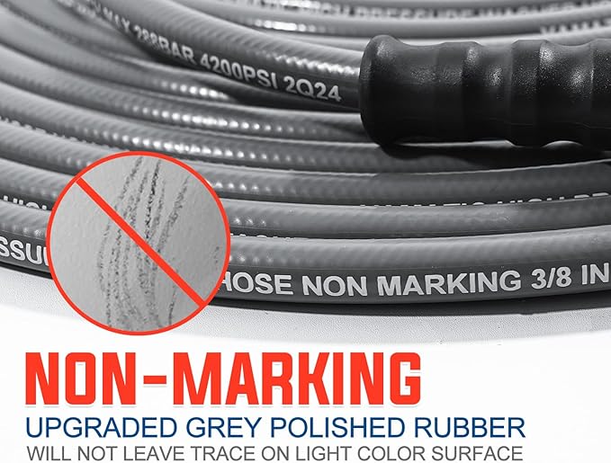 YAMATIC Non Marking 3/8" Pressure Washer Hose 150FT 4200 PSI, Kink Resistant Swivel 3/8" Quick Connect, Rubber Steel Braided Wear Resistant Industry Grade for Hot/Cold Water Gas Power Washer
