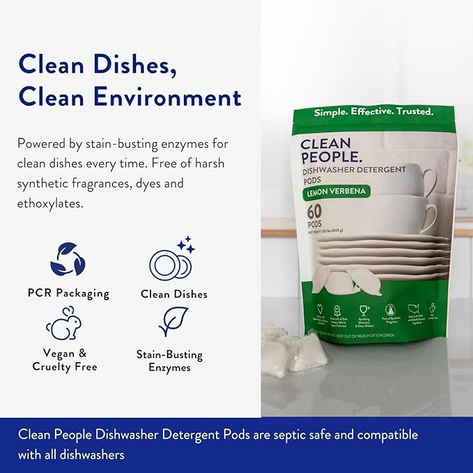The Clean People Dishwasher Pods - Cuts Grease & Rinses Sparkling Clean - Residue-Free - Phosphate Free Dishwashing Pods (60 Count, Fragrance Free)