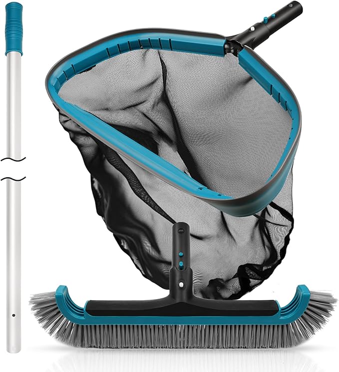 Swimming Pool Cleaning Kit - Aluminum Frame Skimmer Net with 10Ft Adjustable Pole & 17.5” Pool Brush Head, Pools Maintenance Kits for Inground & Above Ground Swimming Pools, Removes Debris
