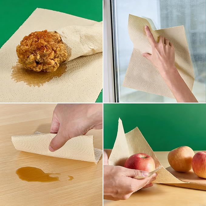 ECOlipak Paper Towels - 8 Rolls, 2 Ply 120 Sheets- Plastic Free, Tree Free, Compostable, Disposable Kitchen Paper Towels, Soft and Absorbent, PFAS Free, Nature