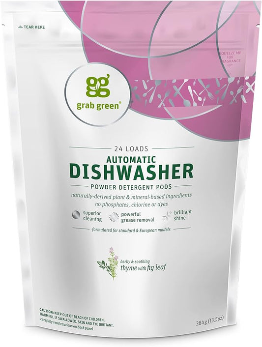 Grab Green Automatic Dishwashing Detergent Pods, 24 Count, Thyme Fig Leaf Scent, Plant and Mineral Based, Superior Cleaning, Powerful Grease Removal, Brilliant Shine