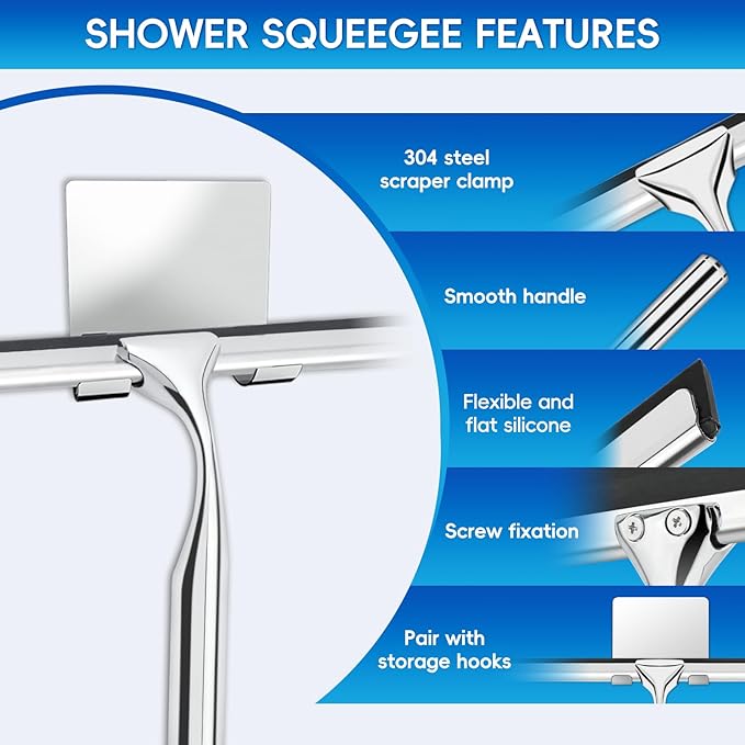 Shower Squeegee for Glass Doors,Stainless Steel Shower Door Squeegee,Windows, Mirrors, Car Windows, Tile Shower Walls, 10 Inch Silver,Durable Includes Shower Door Adhesive Hook