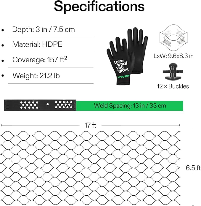 VIVOSUN 3’’ Depth Ground Grid, 6.5 x 17 ft, High-Density HDPE Geo Cell, 1885 lb per sq ft Load, Foldable & Tensile, Easy Installation with Gloves, Ideal for Gardens, Driveways, Pathways, Slopes