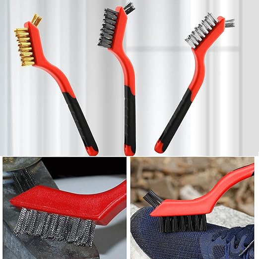 Wire Brush 3Pcs Metal Scrubber - Nylon/Brass/Stainless Steel Bristles with Curved Handle Grip for Cleaning Rust Removal, Dirt, Paint Scrubbing with Deep Cleaning – 7 Inches
