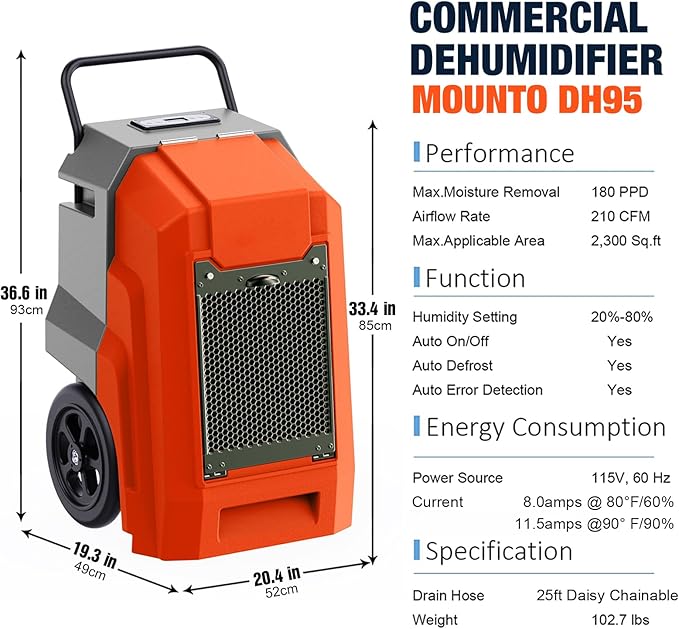MOUNTO 180Pints LGR Industrial Dehumidifier with Pump and Drain Hose, Portable Commercial Dehumidifier with Wheels for Home, Basements, Garages, and Job Sites (Orange)