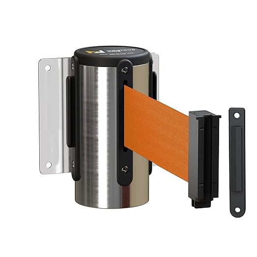 Montour Line WM115 Wall Mounted Retractable Belt Barrier with Standard Belt End, Fixed Mount, Polished Stainless Steel Casing (8.5 ft Orange Belt)