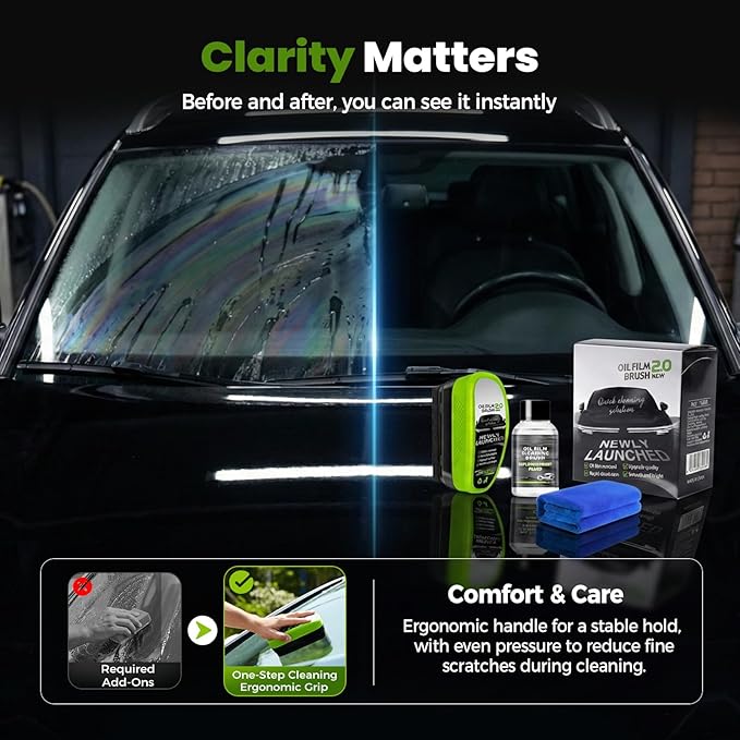 Automotive Oil Film Cleaning Brush, Upgrade 2.0 Glass Cleaning Board for Car Windows, Windshield Cleaner with Cloth, Glass Oil Film Board Improving Clarity Visibility (1 Pack)