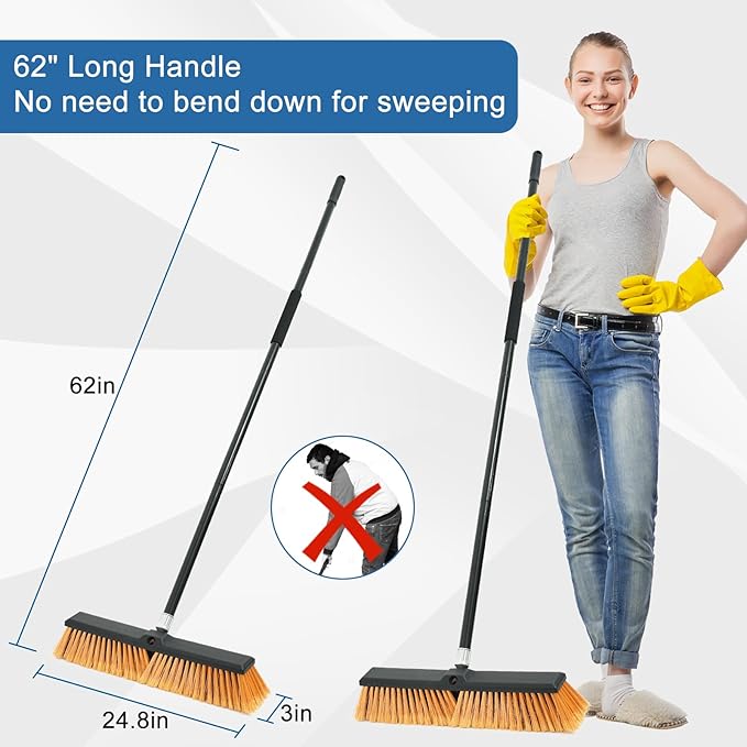 PBHEPJ 24 Inchs Push Broom Outdoor Heavy Duty, Shop Broom with 60" Long Handle for Cleaning Outdoor or Indoor Tile, Garage, Shop, Deck, Concrete, Wood, Stone, Patio Floor, 2 Pack