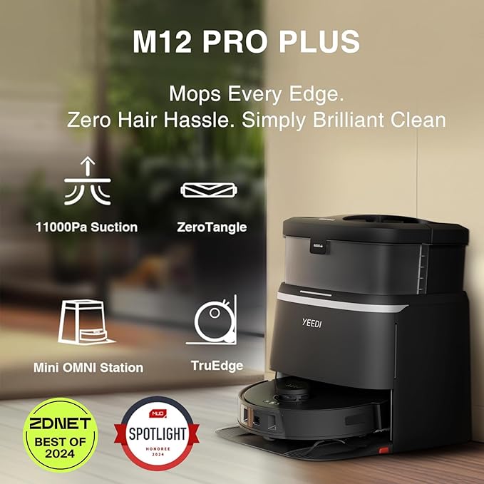 Yeedi M12 PRO Plus Robot Vacuum and Mop Combo, 11000Pa Powerful Suction, ZeroTangle Hair-Free Brush, Auto Mop Washing & Drying, Smart Obstacle Avoidance, Self-Emptying Dock, Ideal for Pet Homes